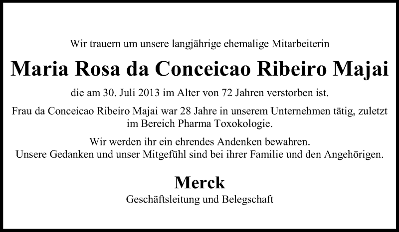  Traueranzeige für Maria Rosa da Conceicao Ribeiro Majai vom 05.08.2013 aus Echo-Zeitungen (Gesamtausgabe)