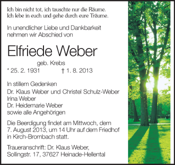 Traueranzeige von Elfriede Weber von Odenwälder Echo