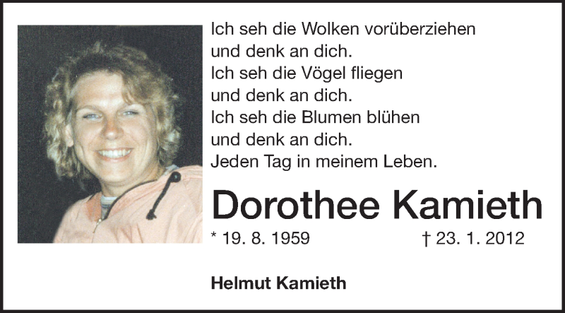  Traueranzeige für Dorothee Kamieth vom 19.08.2013 aus Echo-Zeitungen (Gesamtausgabe)