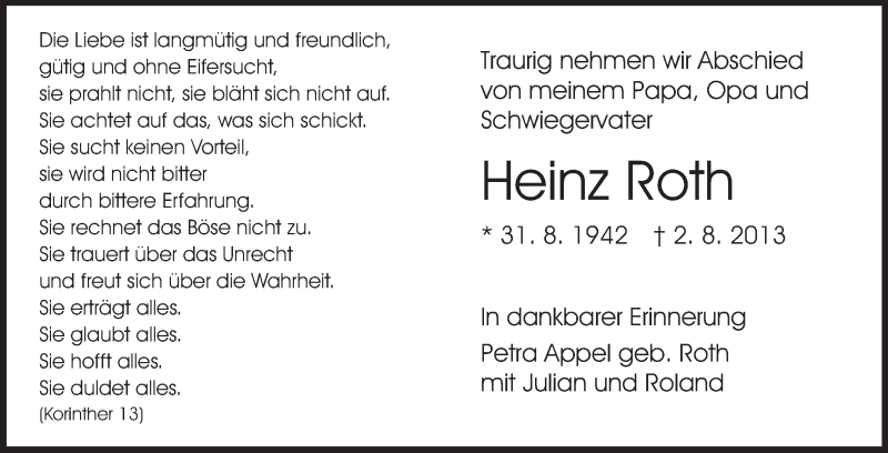  Traueranzeige für Heinz Roth vom 05.08.2013 aus Echo-Zeitungen (Gesamtausgabe)