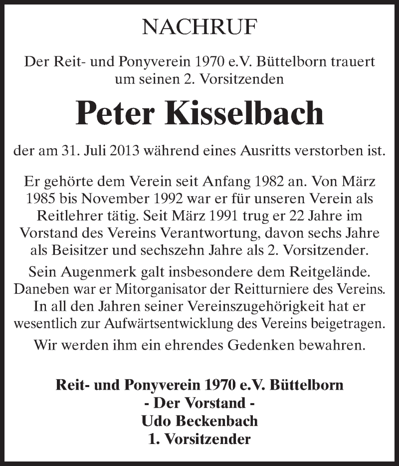  Traueranzeige für Peter Kisselbach vom 05.08.2013 aus Rüsselsheimer Echo, Groß-Gerauer-Echo, Ried Echo
