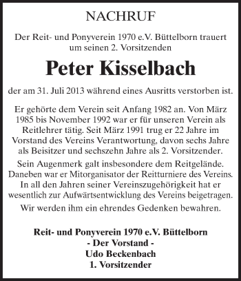 Traueranzeige von Peter Kisselbach von Rüsselsheimer Echo, Groß-Gerauer-Echo, Ried Echo