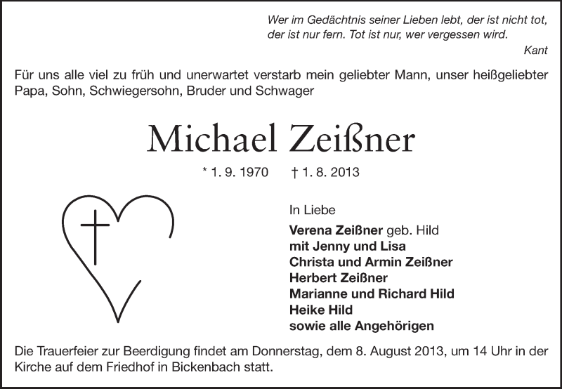  Traueranzeige für Michael Zeißner vom 06.08.2013 aus Echo-Zeitungen (Gesamtausgabe)