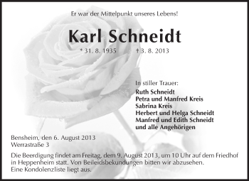 Traueranzeige von Karl Schneidt von Starkenburger Echo, Bergsträßer Anzeiger