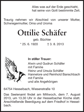 Traueranzeige von Ottilie Schäfer von Odenwälder Echo