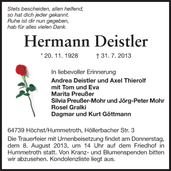 Traueranzeige von Hermann Deistler von Echo-Zeitungen (Gesamtausgabe)