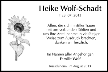 Traueranzeige von Heike Wolf-Schadt von Rüsselsheimer Echo, Groß-Gerauer-Echo, Ried Echo