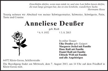 Traueranzeige von Anneliese Deußer von Echo-Zeitungen (Gesamtausgabe)