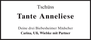 Traueranzeige von Anneliese Deußer von Rüsselsheimer Echo, Groß-Gerauer-Echo, Ried Echo