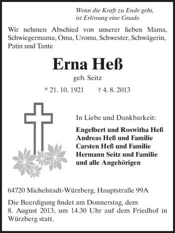 Traueranzeige von Erna Heß von Odenwälder Echo