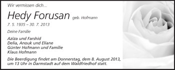 Traueranzeige von Hedy Forusan von Echo-Zeitungen (Gesamtausgabe)