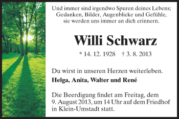 Traueranzeige von Willi Schwarz von Darmstädter Echo