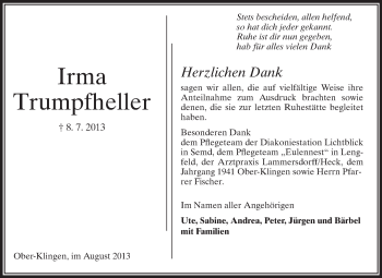 Traueranzeige von Irma Trumpfheller von Echo-Zeitungen (Gesamtausgabe)
