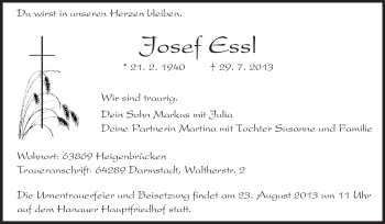 Traueranzeige von Josef Essl von Echo-Zeitungen (Gesamtausgabe)