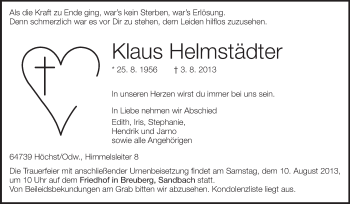 Traueranzeige von Klaus Helmstädter von Odenwälder Echo