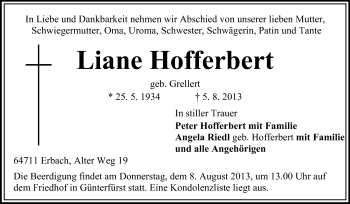 Traueranzeige von Liane Hofferbert von Odenwälder Echo