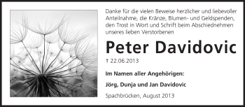 Traueranzeige von Peter Davidovic von Echo-Zeitungen (Gesamtausgabe)