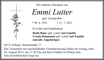 Traueranzeige von Emmi Lutter von Odenwälder Echo