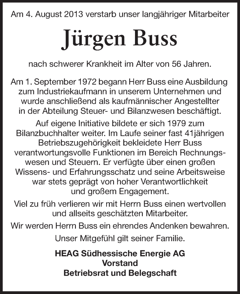  Traueranzeige für Jürgen Buss vom 10.08.2013 aus Echo-Zeitungen (Gesamtausgabe)