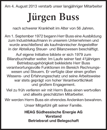 Traueranzeige von Jürgen Buss von Echo-Zeitungen (Gesamtausgabe)