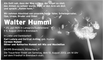 Traueranzeige von Walter Humml von Odenwälder Echo