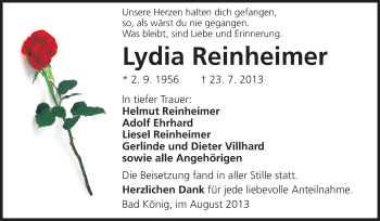 Traueranzeige von Lydia Reinheimer von Echo-Zeitungen (Gesamtausgabe)