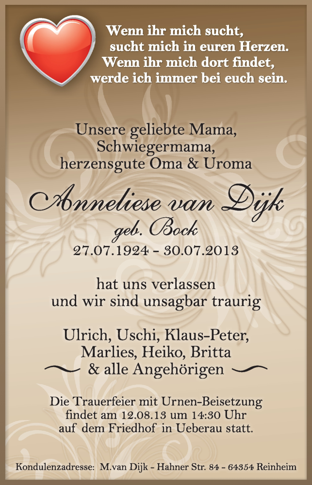  Traueranzeige für Anneliese van Dijk vom 10.08.2013 aus Echo-Zeitungen (Gesamtausgabe)
