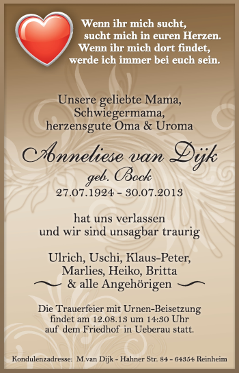 Traueranzeige von Anneliese van Dijk von Echo-Zeitungen (Gesamtausgabe)