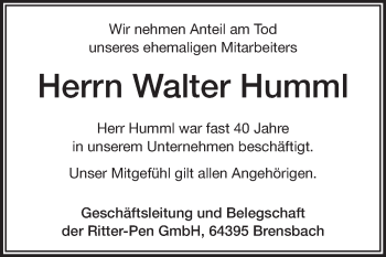 Traueranzeige von Walter Humml von Echo-Zeitungen (Gesamtausgabe)
