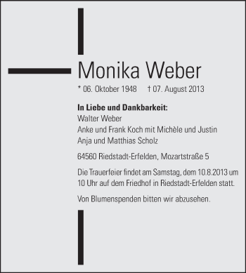 Traueranzeige von Monika Weber von Rüsselsheimer Echo, Groß-Gerauer-Echo, Ried Echo