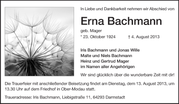 Traueranzeige von Erna Bachmann von Echo-Zeitungen (Gesamtausgabe)