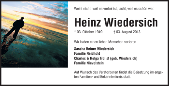 Traueranzeige von Heinz Wiedersich von Rüsselsheimer Echo, Groß-Gerauer-Echo, Ried Echo