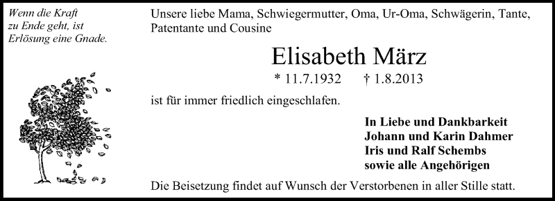  Traueranzeige für Elisabeth März vom 10.08.2013 aus Echo-Zeitungen (Gesamtausgabe)