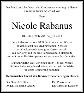 Traueranzeige von Nicole Rabanus von Echo-Zeitungen (Gesamtausgabe)