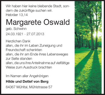 Traueranzeige von Margarete Oswald von Echo-Zeitungen (Gesamtausgabe)