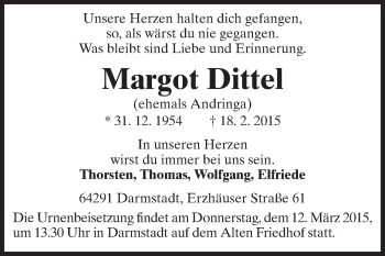 Traueranzeige von Margot Dittel von Echo-Zeitungen (Gesamtausgabe)
