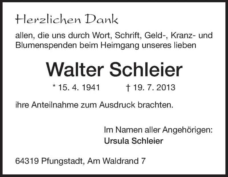  Traueranzeige für Walter Schleier vom 17.08.2013 aus Echo-Zeitungen (Gesamtausgabe)