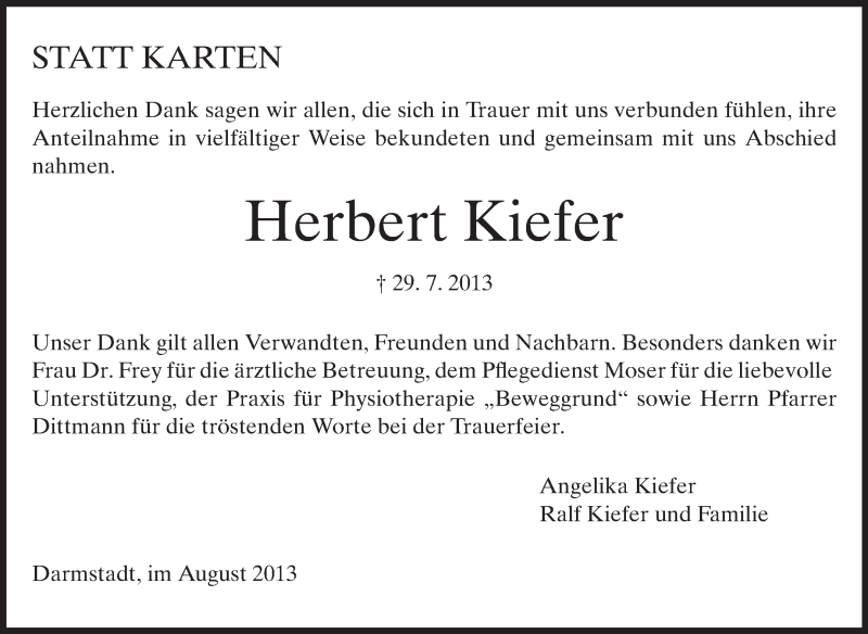  Traueranzeige für Herbert Kiefer vom 10.08.2013 aus Echo-Zeitungen (Gesamtausgabe)