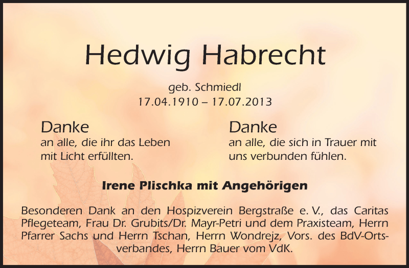  Traueranzeige für Hedwig Habrecht vom 10.08.2013 aus Starkenburger Echo, Bergsträßer Anzeiger