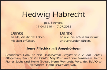 Traueranzeige von Hedwig Habrecht von Starkenburger Echo, Bergsträßer Anzeiger