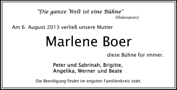 Traueranzeige von Marlene Boer von Odenwälder Echo