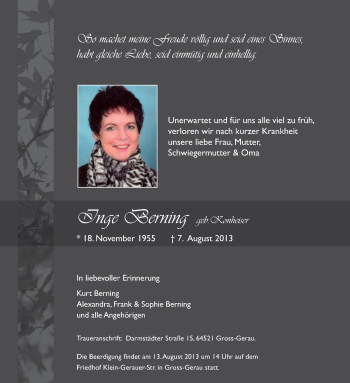 Traueranzeige von Inge Berning von Rüsselsheimer Echo, Groß-Gerauer-Echo, Ried Echo