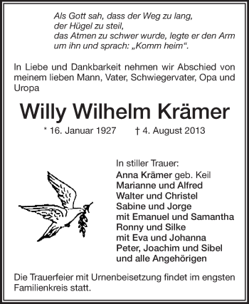 Traueranzeige von Willy Wilhelm Krämer von Odenwälder Echo