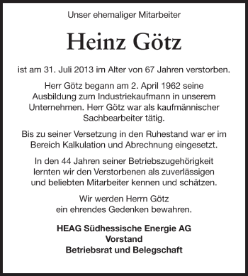 Traueranzeige von Heinz Götz von Echo-Zeitungen (Gesamtausgabe)