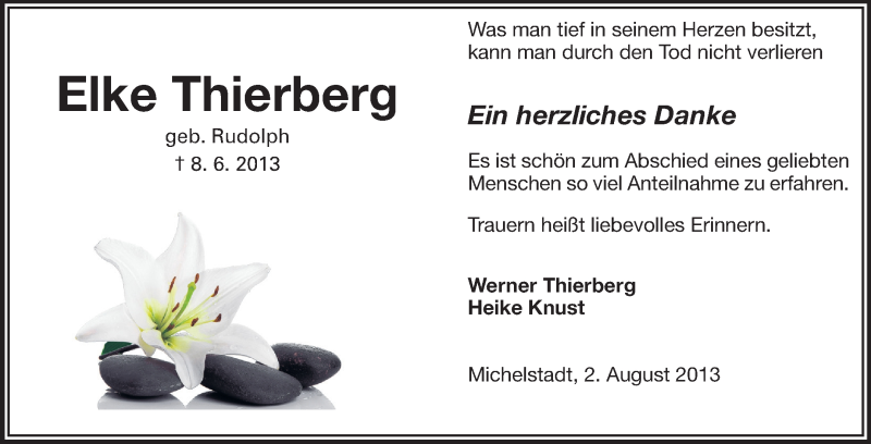  Traueranzeige für Elke Thierberg vom 10.08.2013 aus Odenwälder Echo