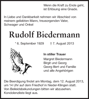 Traueranzeige von Rudolf Biedermann von Echo-Zeitungen (Gesamtausgabe)