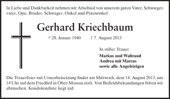Traueranzeige von Gerhard Kriechbaum von Odenwälder Echo