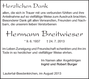 Traueranzeige von Hermann Breitwieser von Echo-Zeitungen (Gesamtausgabe)