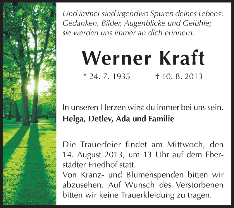  Traueranzeige für Werner Kraft vom 12.08.2013 aus Echo-Zeitungen (Gesamtausgabe)