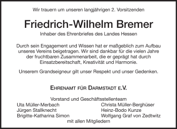 Traueranzeige von Friedrich-Wilhelm Bremer von Darmstädter Echo, Odenwälder Echo, Rüsselsheimer Echo, Groß-Gerauer-Echo, Ried Echo
